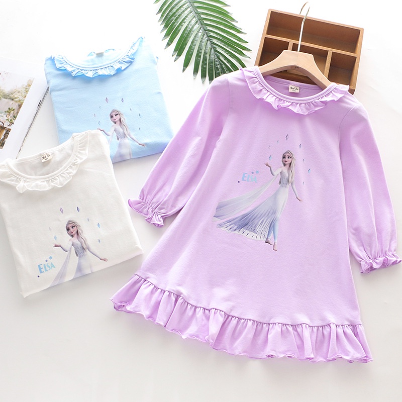 Đầm Ngủ Cotton Tay Dài In Hình Công Chúa Elsa Dễ Thương Thoải Mái Cho Bé Gái 3-7 Tuổi