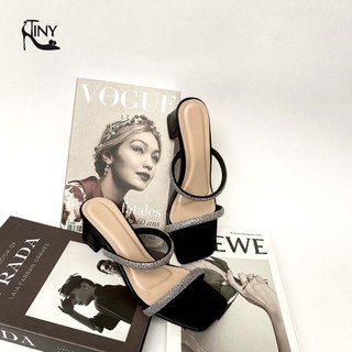 Guốc nữ mũi vuông quai dây đính xoàn đá điệu đà gót bọc cao 4 phân - tiny shoes