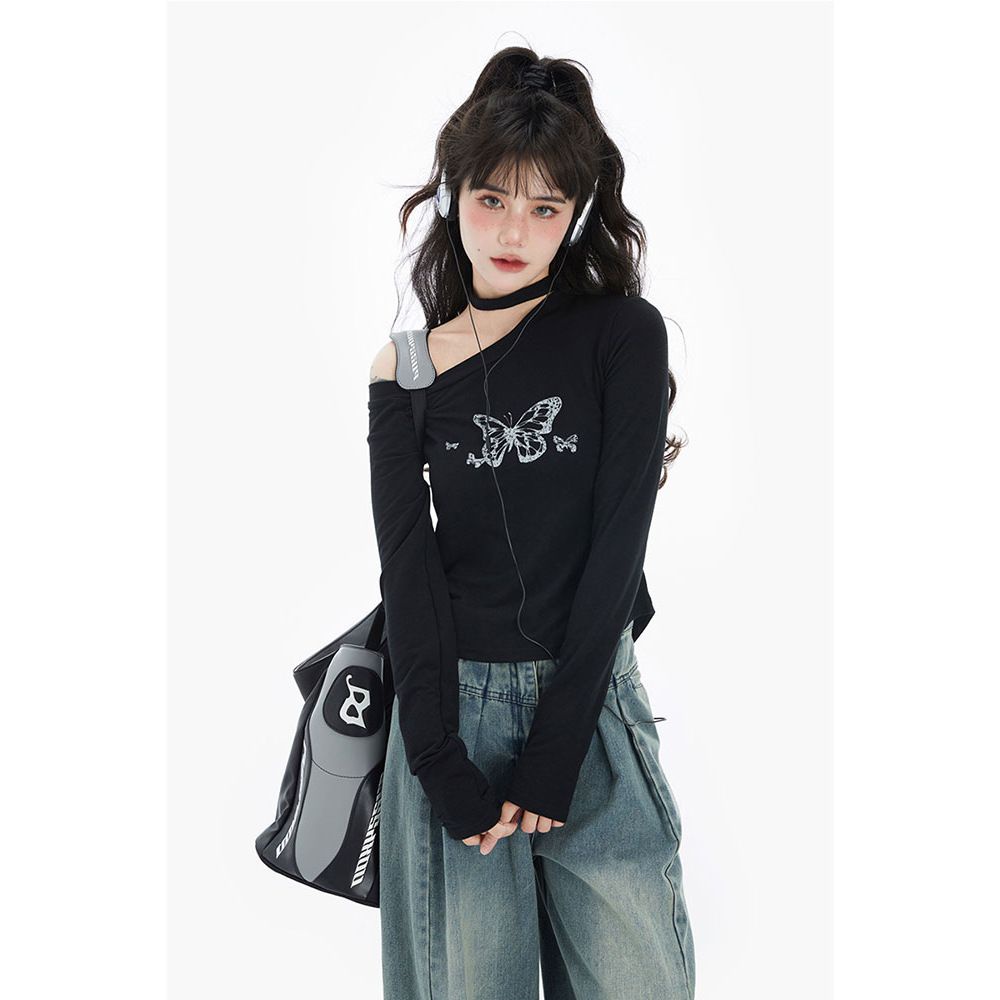 Áo thun COZOKC tay dài trễ vai in họa tiết thời trang