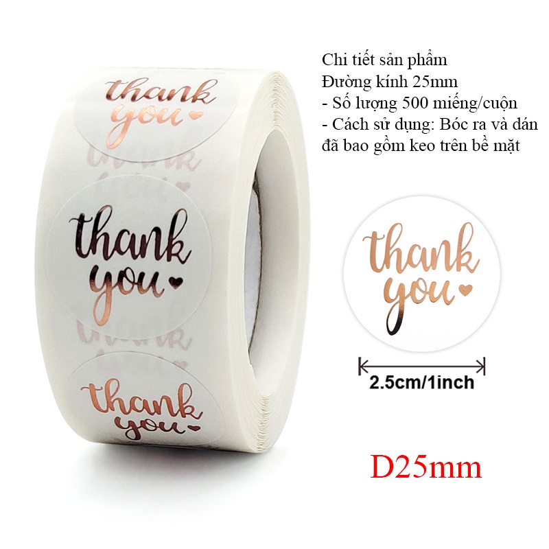 Cuộn 500 miếng dán cám ơn chữ Thank you mạ vàng - Nhãn dán