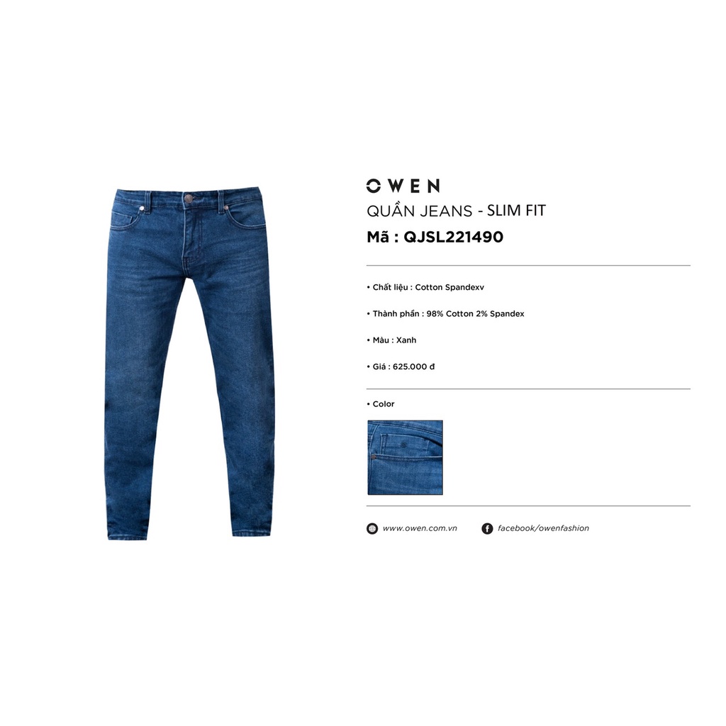 Quần jean nam hàng hiệu Owen QJSL221490 dáng slim fit ống côn màu xanh trung vải bò denim cotton cao cấp bền đàn hồi tốt