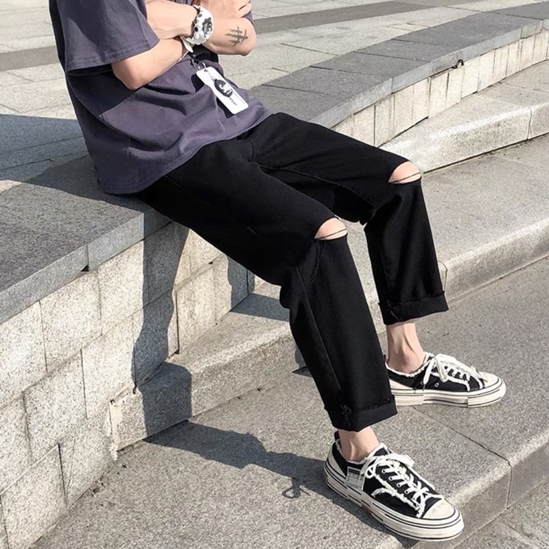 Quần Baggy Nam Jeans Đen Rách Gối Dáng Đứng Ống Suông Rộng Phom Trẻ Trung Phong Cách Hàn Quốc Vải Co Giãn Nhẹ