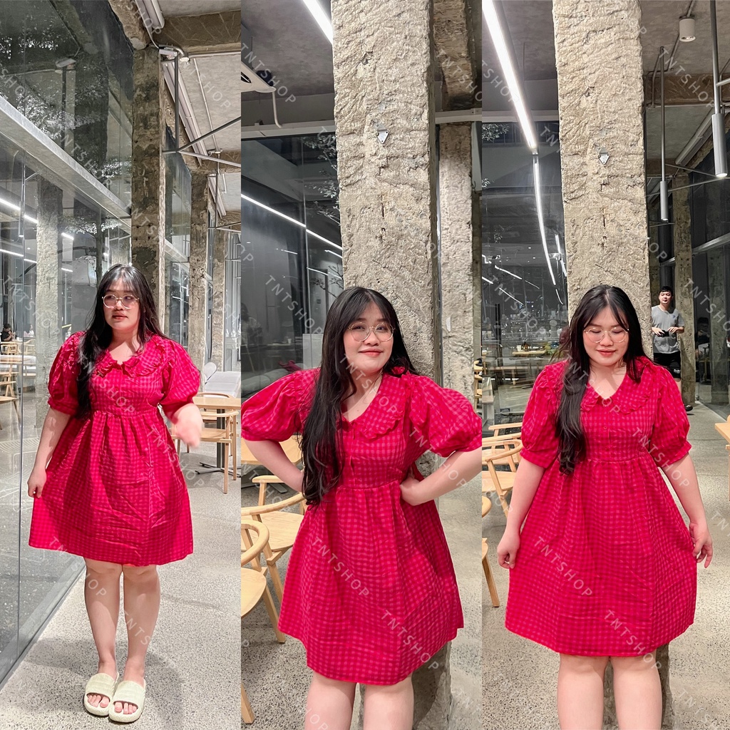 ĐẦM CARO HỒNG CỔ BÈO  [ TNT Shop Bigsize 60kg - 90kg ]