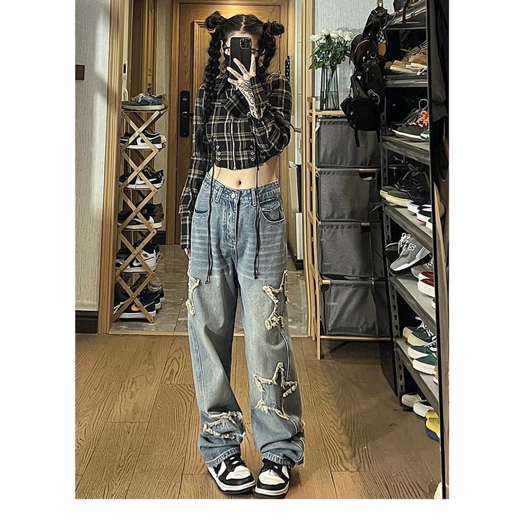Quần Jean Nữ y2k Thêu Hình Ngôi Sao Phong Cách Hip Hop Đường Phố Âu Mỹ y2k