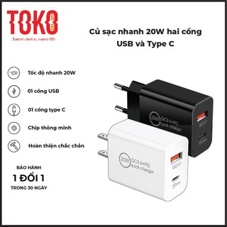 Củ sạc nhanh 20w 2 cổng usb và type c chip thông minh pd20w