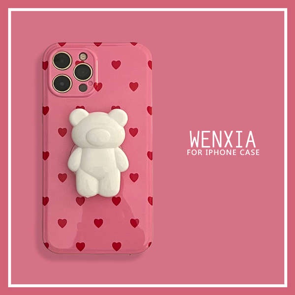 Ốp Điện Thoại Silicon Hình Wenxia ins Có Giá Đỡ Hình Gấu Màu Hồng Cho Apple Iphone 13 XR 11 12ProMax Xsmax 8Plus 7Plus