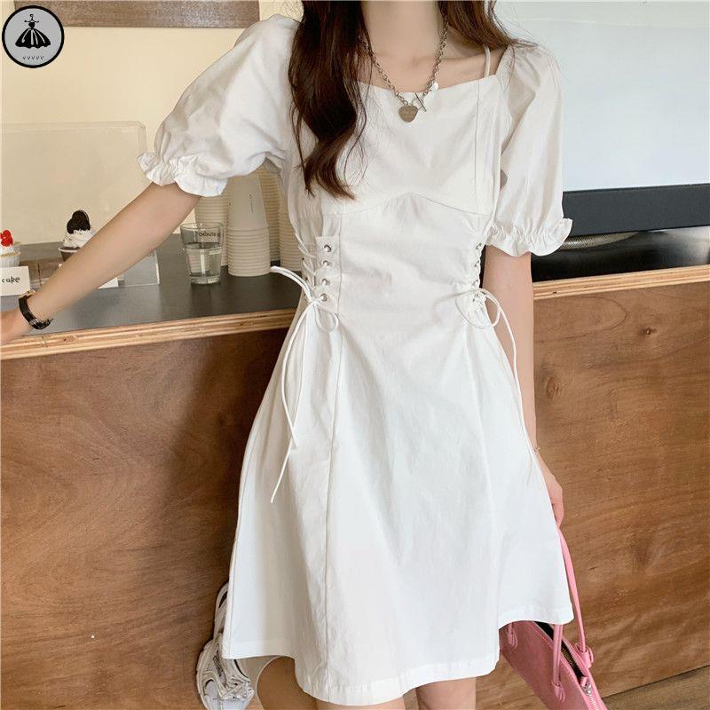 Váy babydoll Đầm Tay Phồng Màu Trắng Thiết Kế Chiết Eo Phong Cách Pháp Cổ Điển Thời Trang Mùa Hè Xinh Xắn Cho Nữ