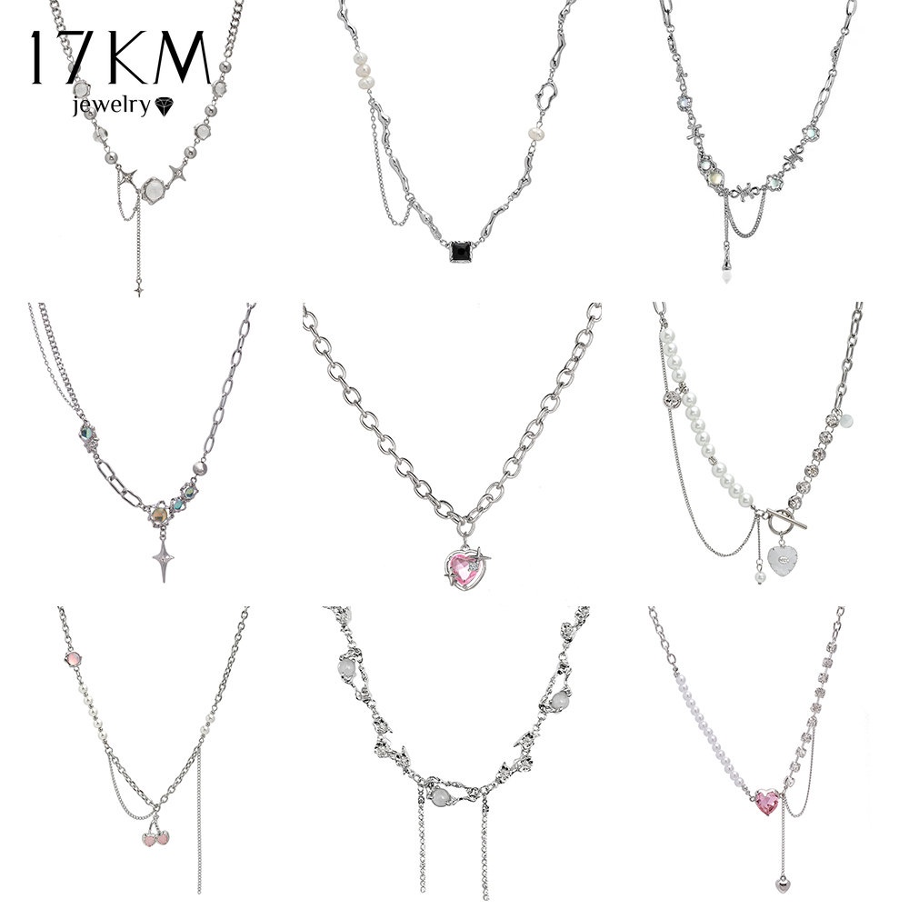 Vòng cổ ngọc trai 17KM Y2K mặttùy chọn kiểu đính pha lê hồng ngọt ngào cho nữ