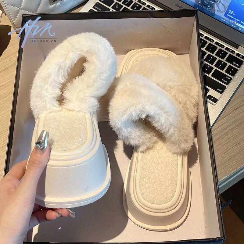 Dép Quai Ngang Đế Dày Phối Lông Thời Trang Thu Đông 2022 Mới Cho Nữ