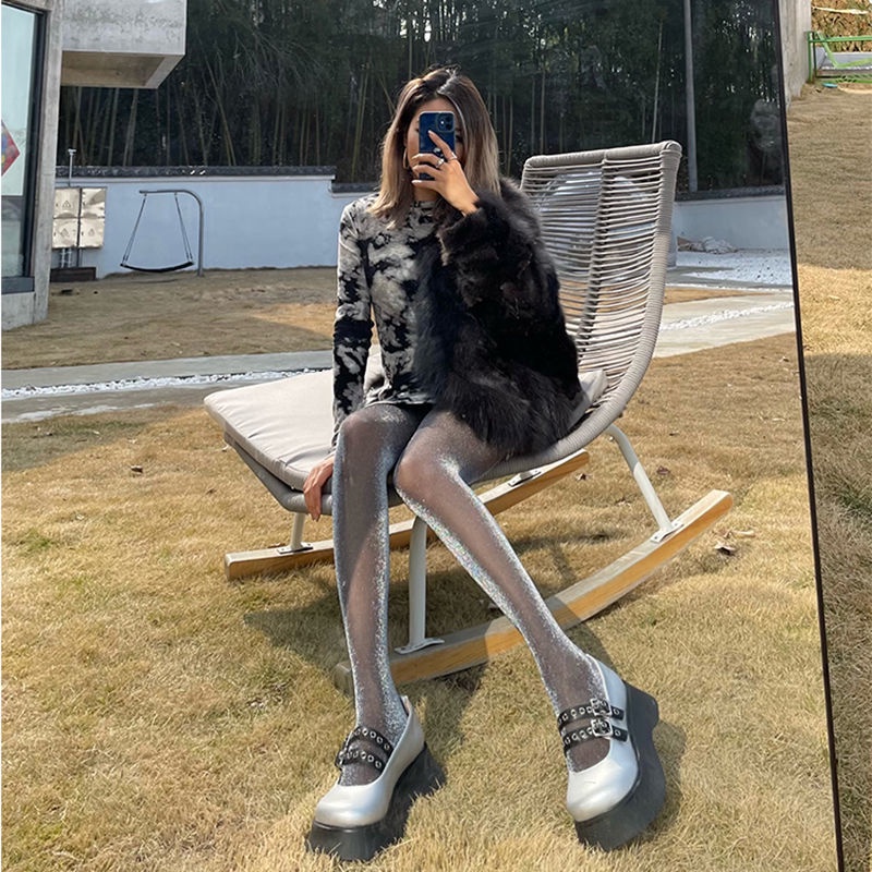 Quần Tất Lụa Mỏng Màu Đen Đính Ngọc Trai Bạc Lấp Lánh Quyến Rũ Phong Cách Mới Quyến Rũ Cho Nữ