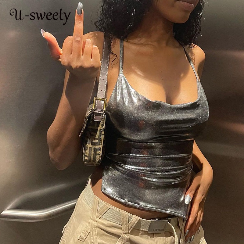 U-sweety 2023 Áo Tank Top Cổ Chữ U Màu Bạc Thiết Kế Thanh Lịch Quyến Rũ Cho Nữ