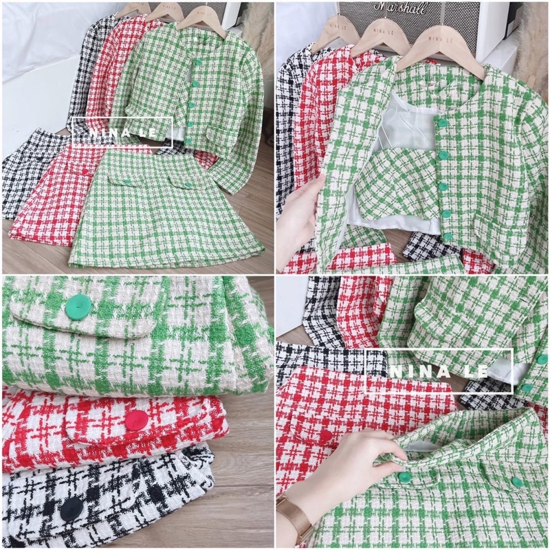Set váy áo khoác dạ thiết kế kẻ caro 3 món thời trang Quỳnh Như