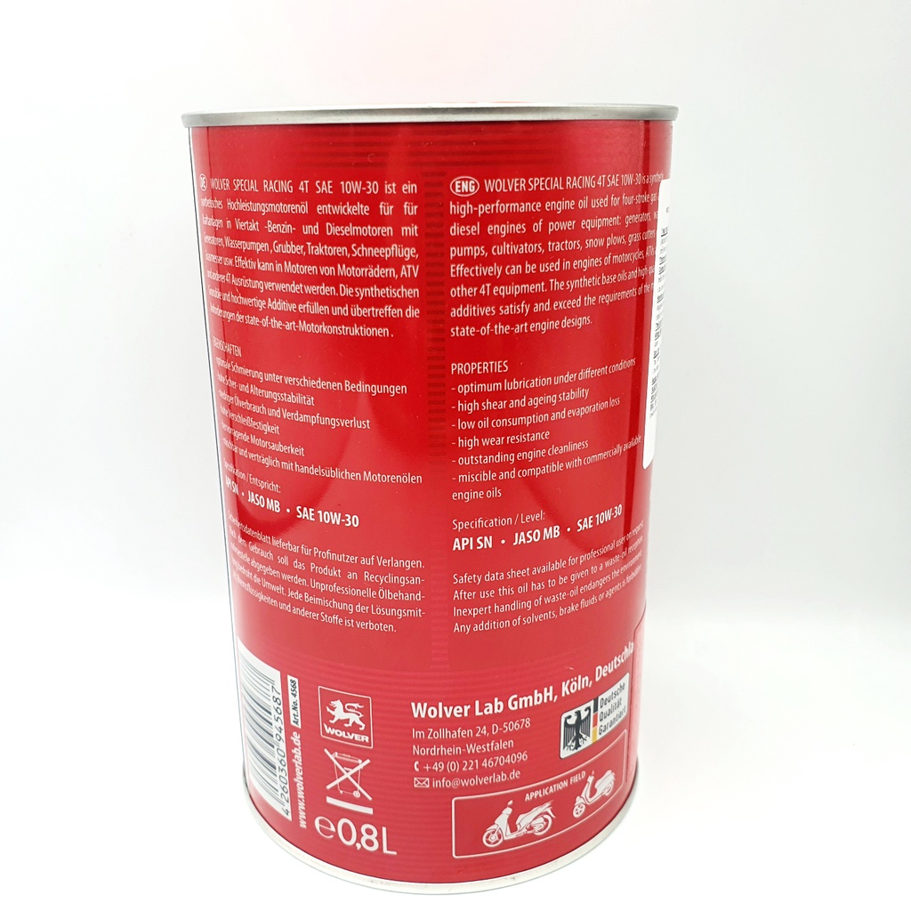Nhớt tổng hợp siêu cao cấp cho xe tay ga Wolver Special 10W30 MB 800ML- Sản xuất tại Đức