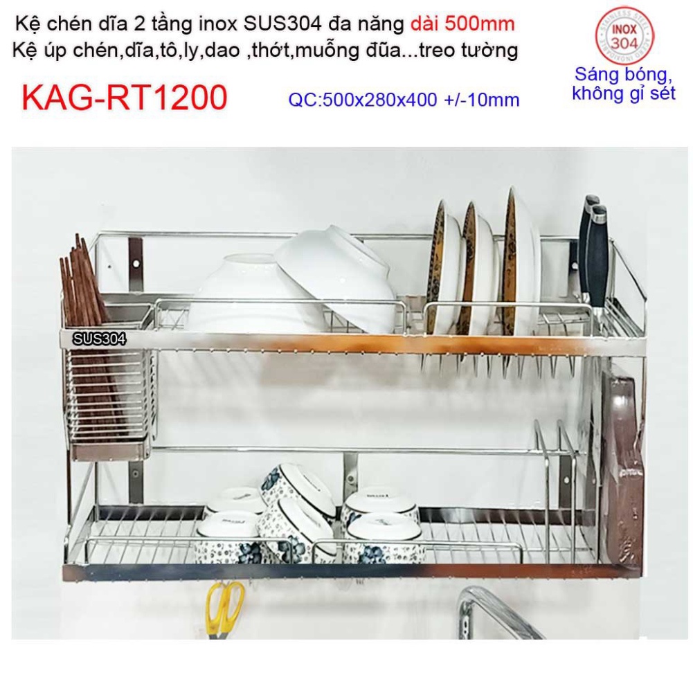 Kệ úp chén dĩa 2 tầng đa năng inox 304 dài 50cm,60cm,70cm,80cm,90cm KAG-RT1200,RT1201, RT1202, RT1203, RT1204