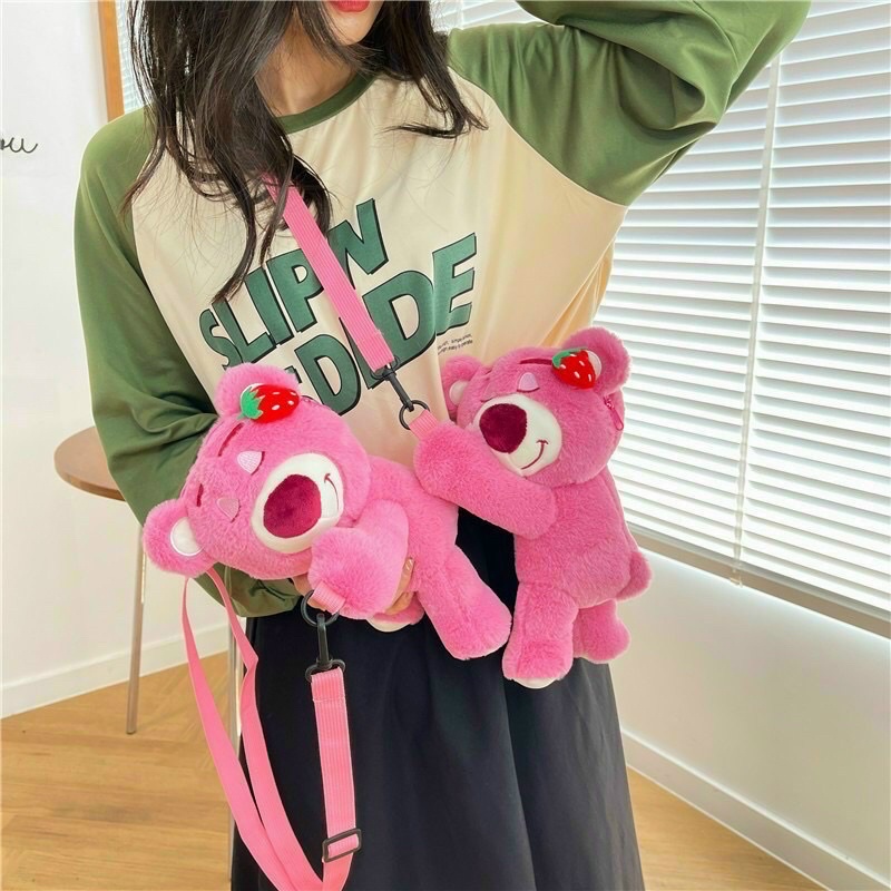 Túi đeo chéo hình gấu bông dâu hồng siêu dễ thương