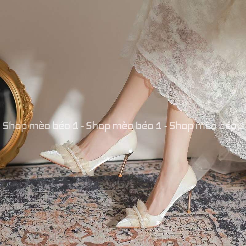 Giày cao gót lụa viền voan bèo ngang gót nhọn fullbox hàng quảng châu cao cấp