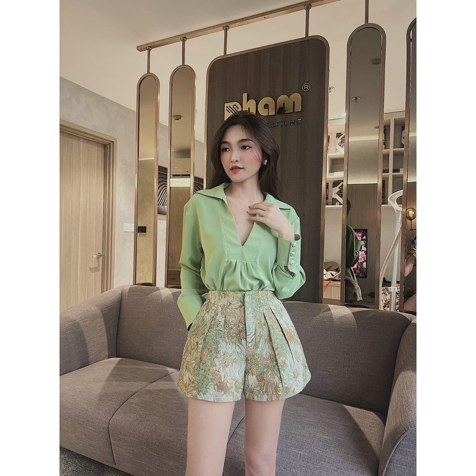 [11.11 Sale Freeship] Set bộ tiểu thư nữ,chất đũi áo dài tay cổ V kèm quần đùi họa tiết có túi đi chơi dạo phố xinh xắn