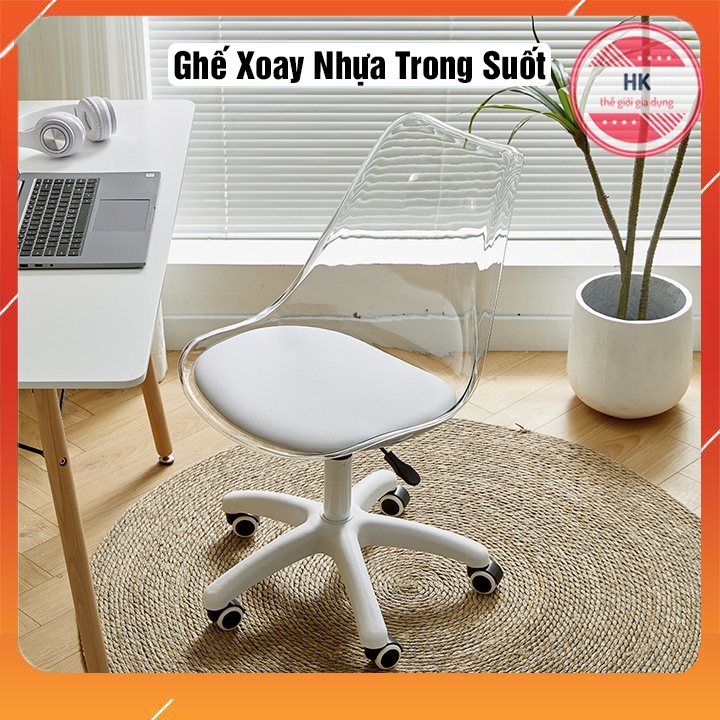 Ghế Xoay Nhựa Acrylic Trong Suốt Có Đệm Simili, Cao Cấp Kèm Chân Nhựa Xoay Làm Việc Văn Phòng, Ghế Trang Điểm