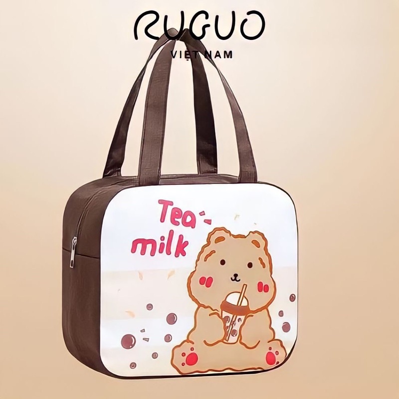 Túi Đựng Hộp Cơm Trưa, Túi Giữ Nhiệt Chống Thấm Nước In Hình Gấu Tea Milk Nâu