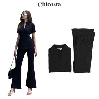 Bộ đũi xốp áo xẻ tà, quần ống loe tôn dáng CHICOSTa màu đen DST03