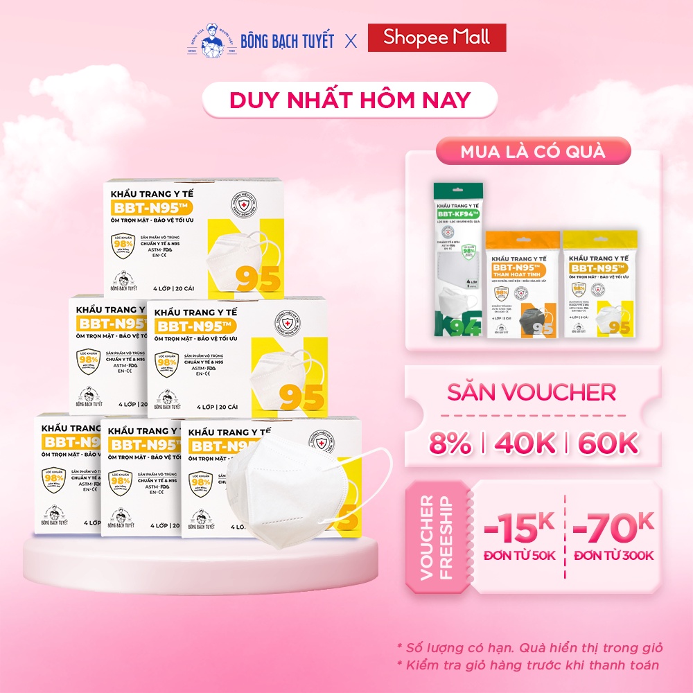 Combo 6 Hộp Khẩu Trang Bông Bạch Tuyết N95 - Trắng (20 cái/hộp)