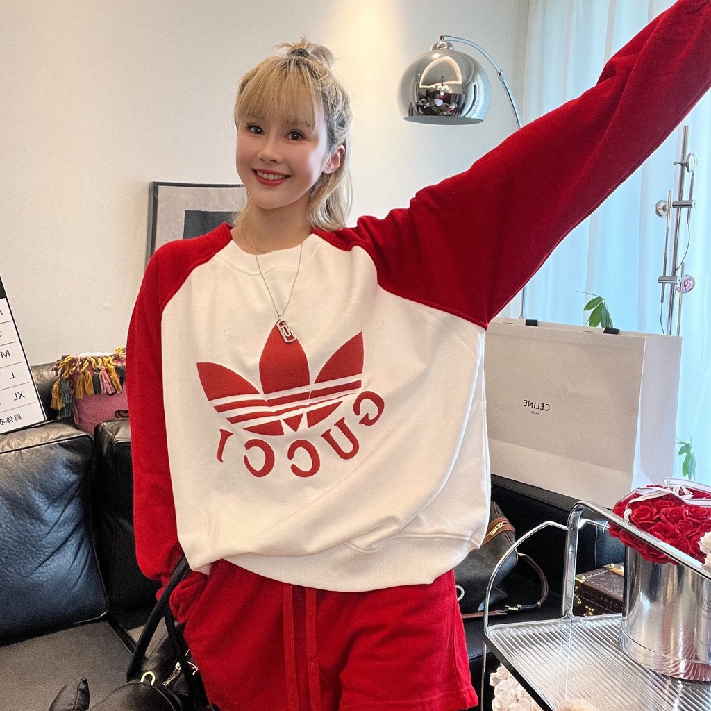 Gu co Áo sweater Cổ Tròn In logo adidas Bắt Mắt Phối Màu Tương Phản Thời Trang Giản Dị