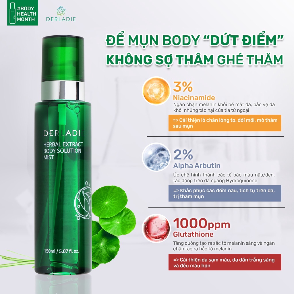 Xịt mụn lưng Derladie 4in1 Loại Bỏ Mụn, Mờ Thâm, Giảm Viêm Nang Lông Derladie Herbal Extract Body Solution Mist 150Ml | BigBuy360 - bigbuy360.vn