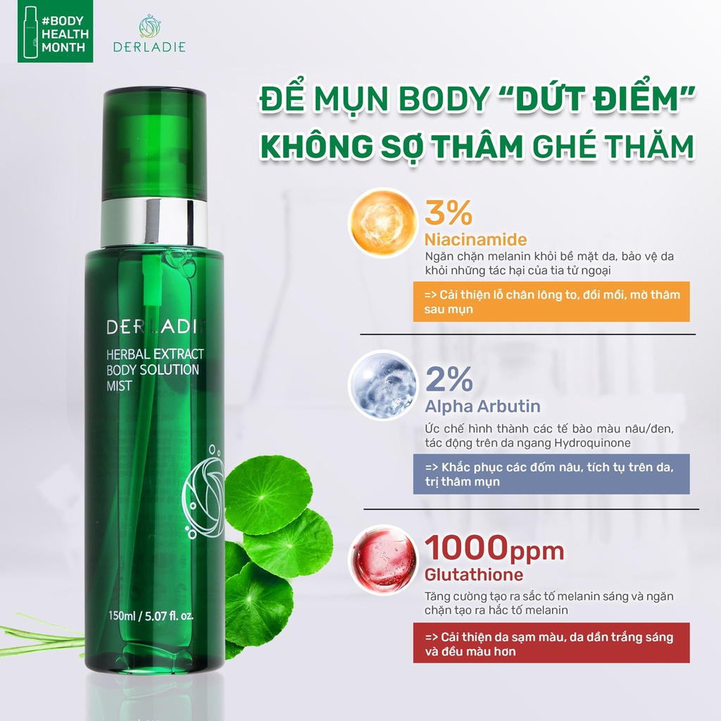 Xịt mụn lưng Derladie 4in1 Loại Bỏ Mụn, Mờ Thâm, Giảm Viêm Nang Lông Derladie Herbal Extract Body Solution Mist 150Ml