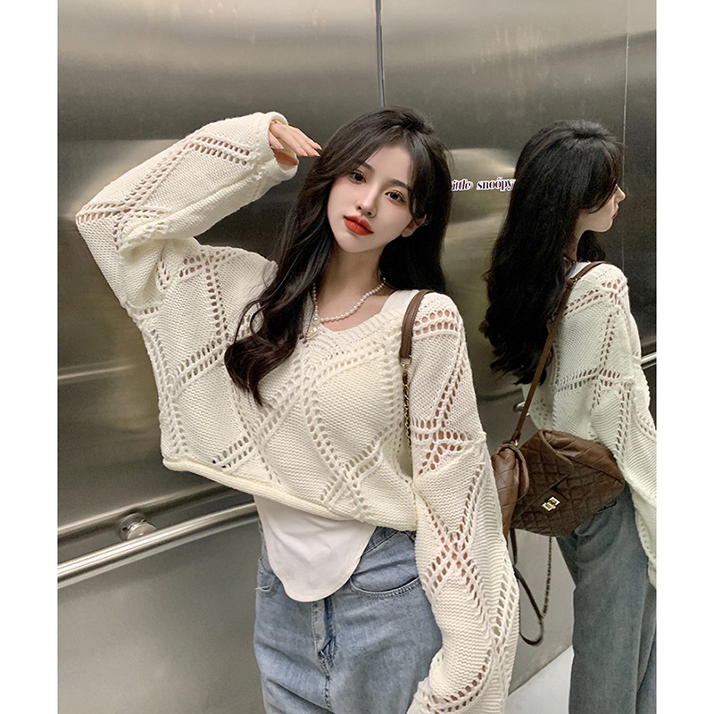 Áo dệt kim ZHELIHANGFEI tay dài dáng rộng lưng cao quyến rũ cho nữ