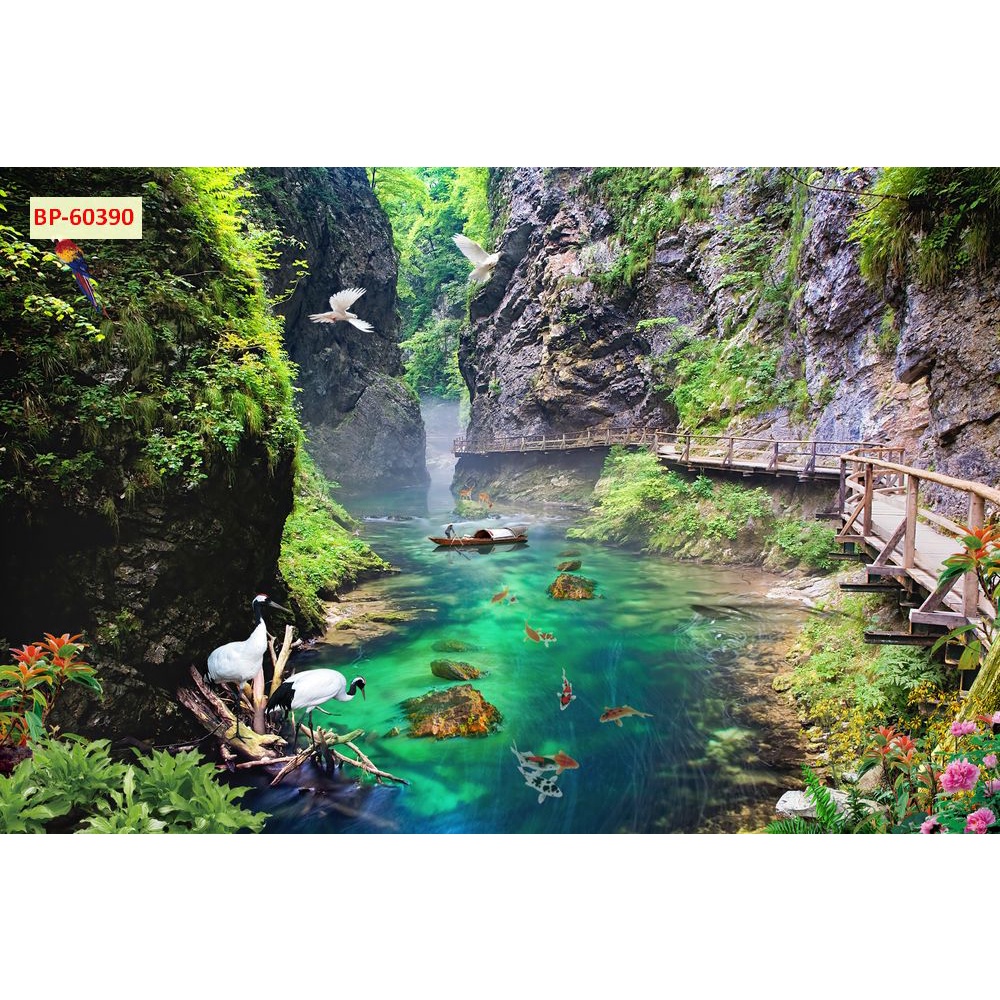 Tranh 3D phong cảnh thác nước chảy, sông suối nên thơ
