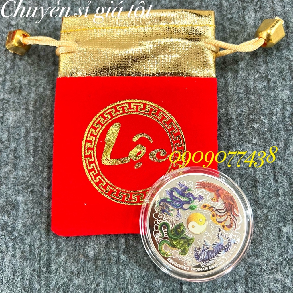 Đồng Xu Tứ Linh Long Lân Quy Phụng phong thủy may mắn Lì Xì Tết, biếu tặng, sưu tầm độc đáo