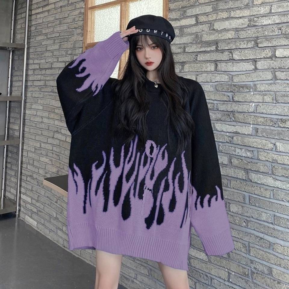 Áo Sweater Dệt Kim Dày Dặn Phối Màu Sắc Ngọn Lửa Phong Cách Hàn Quốc Thời Trang Thu Đông Cho Nữ