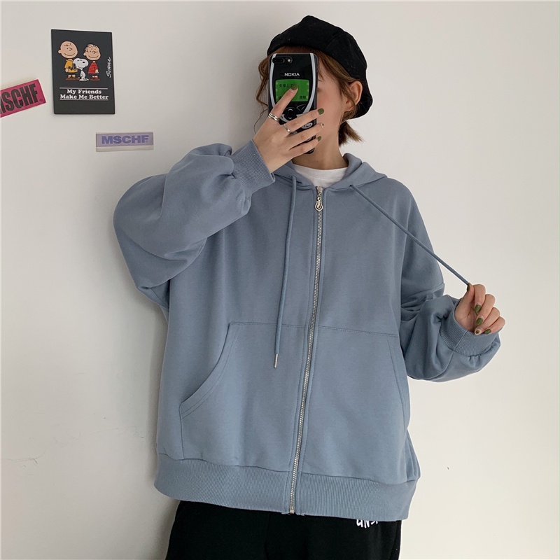 Áo Hoodie Nữ Tay Dài Dáng Rộng Màu Sắc Đơn Giản Phong Cách Hàn Quốc