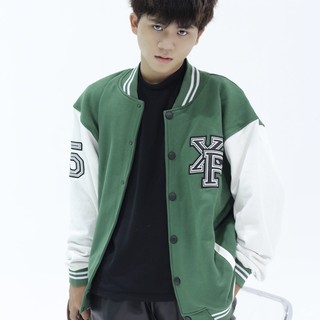 Áo Khoác Nỉ chữ thêu Nam Nữ Bóng Chày Bomber Varsity Form Rộng Màu Xanh Lá 2 Lớp Cao Cấp - Local Brand By  XFIRE VARESSN