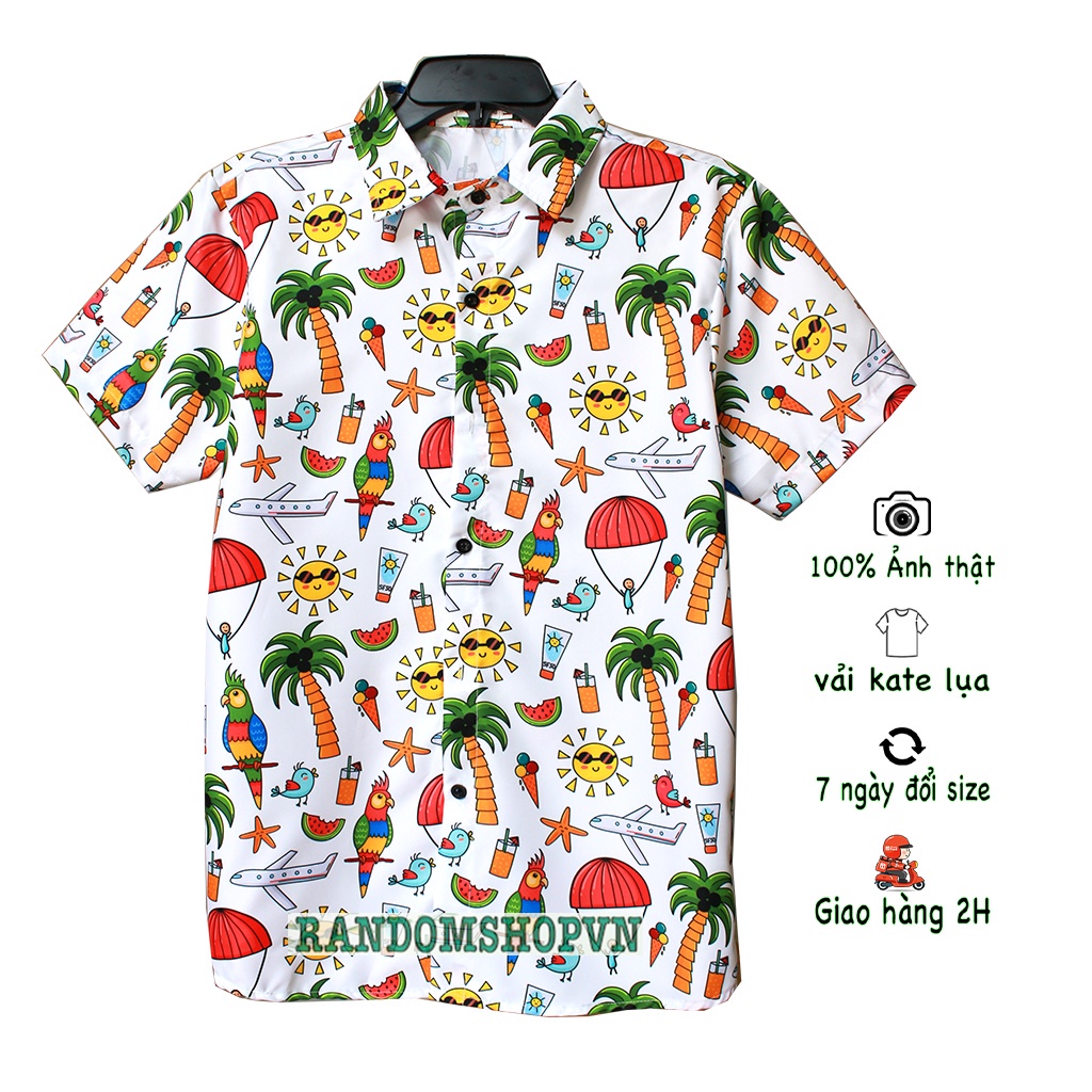 Áo sơ mi hoạt hình họa tiết máy bay nhảy dù chất liệu kate lụa vải mềm mịn mát - La' house uniform