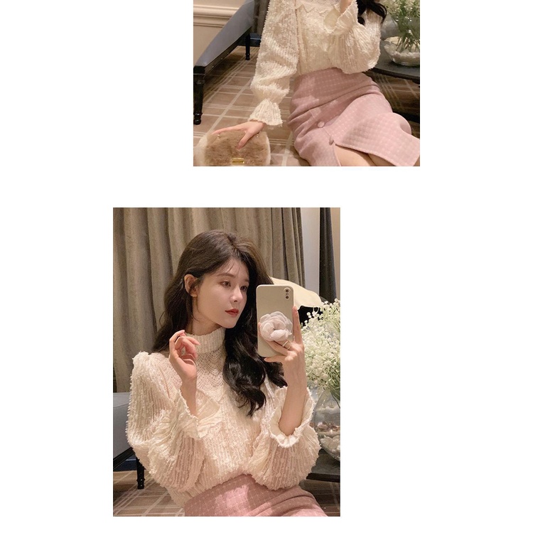 Áo Ren Cổ Cao Thời Trang Pháp 2022 Xinh Xắn