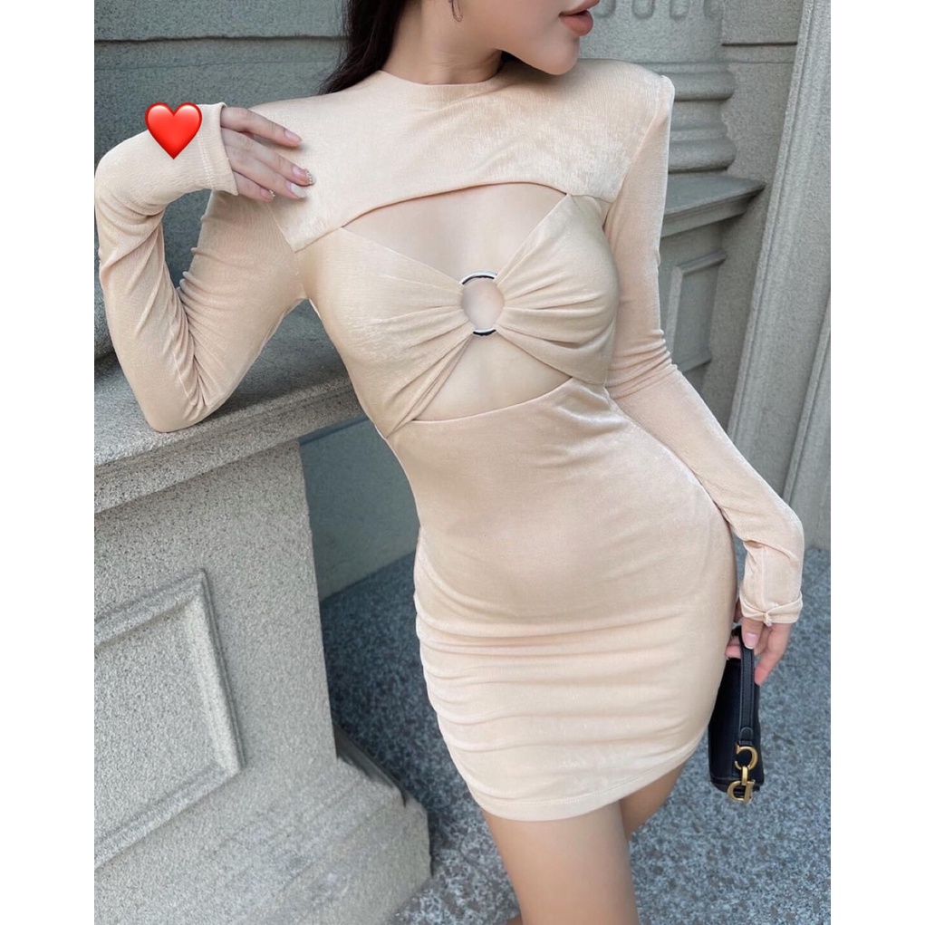 Đầm tay dài cổ tròn khoen ngực khoét trên dưới dáng ngắn sexy , chất thun gân mềm mịn