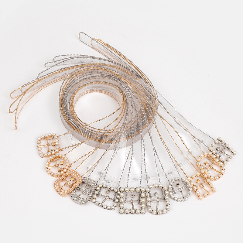 Thắt Lưng Nhựa PVC Trong Suốt Khóa Hợp Kim Đính Hạt Ngọc Trai Màu Vàng / Bạc Thời Trang Cho Nữ