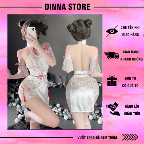 Váy ngủ hóa trang sườn xám phong cách Trung Hoa đen trắng sexy gợi cảm mã 632