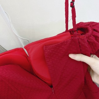 ĐẦM ĐỎ 2 DÂY XỐP ĐÍNH NƠ RỚT VAI