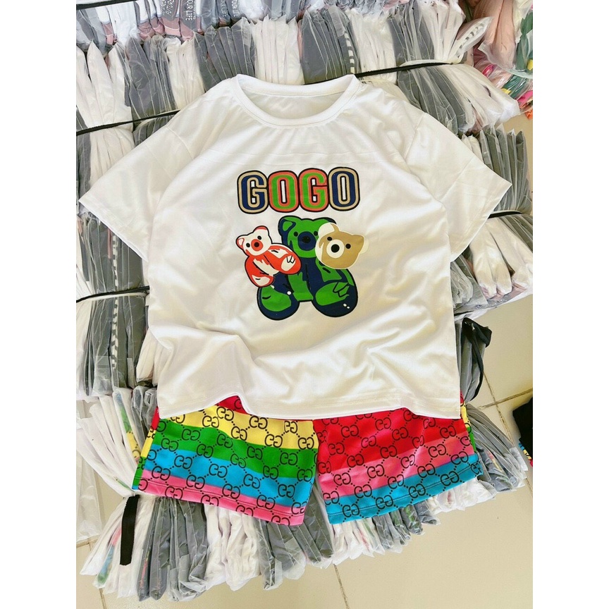 [11.11 Sale Freeship] Set bộ đùi thời trang nữ,set bộ áo thun in chữ hình gấu tay ngắn kèm quần đùi nhiều màu in họatiết