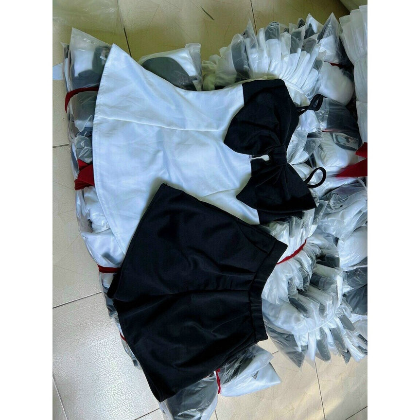 [11.11 Sale Freeship] Set bộ đồ nữ,set áo trắng 2 dây kèm nơ đen ở ngực ôm xoè kiểu babydol phối quần đùi chất umi mtb