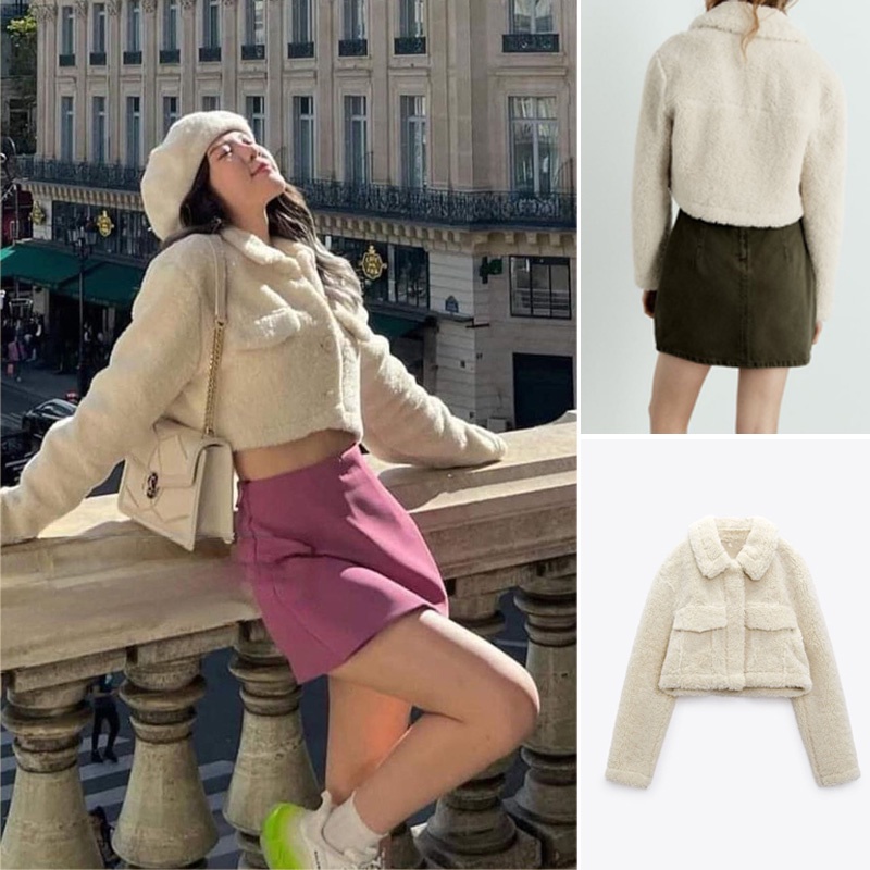 ÁO KHOÁC LÔNG CỪU ZARA XUẤT DƯ TUỒN KIỂU SƠ MI DÁNG CROP MÀU KEM - 4341/743