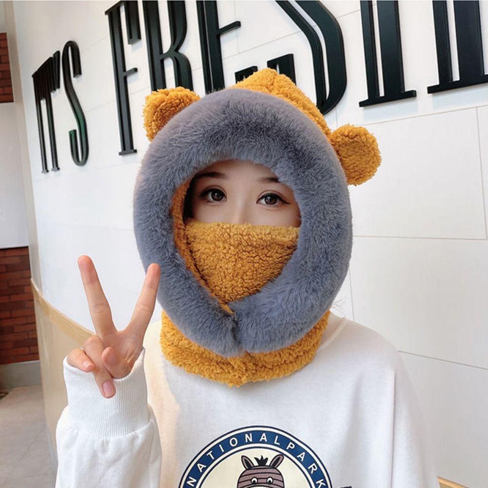 Set Mũ Trùm Đầu Kiêm Khăn Choàng Cổ Mềm Mại Chống Gió Chống Lạnh Giữ Ấm Tai Gấu Màu Tương Phản Thời
