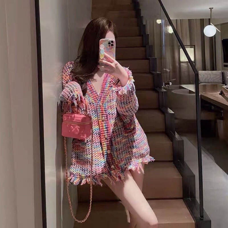 Áo khoác cardigan len sắc màu tua rua hàng QC