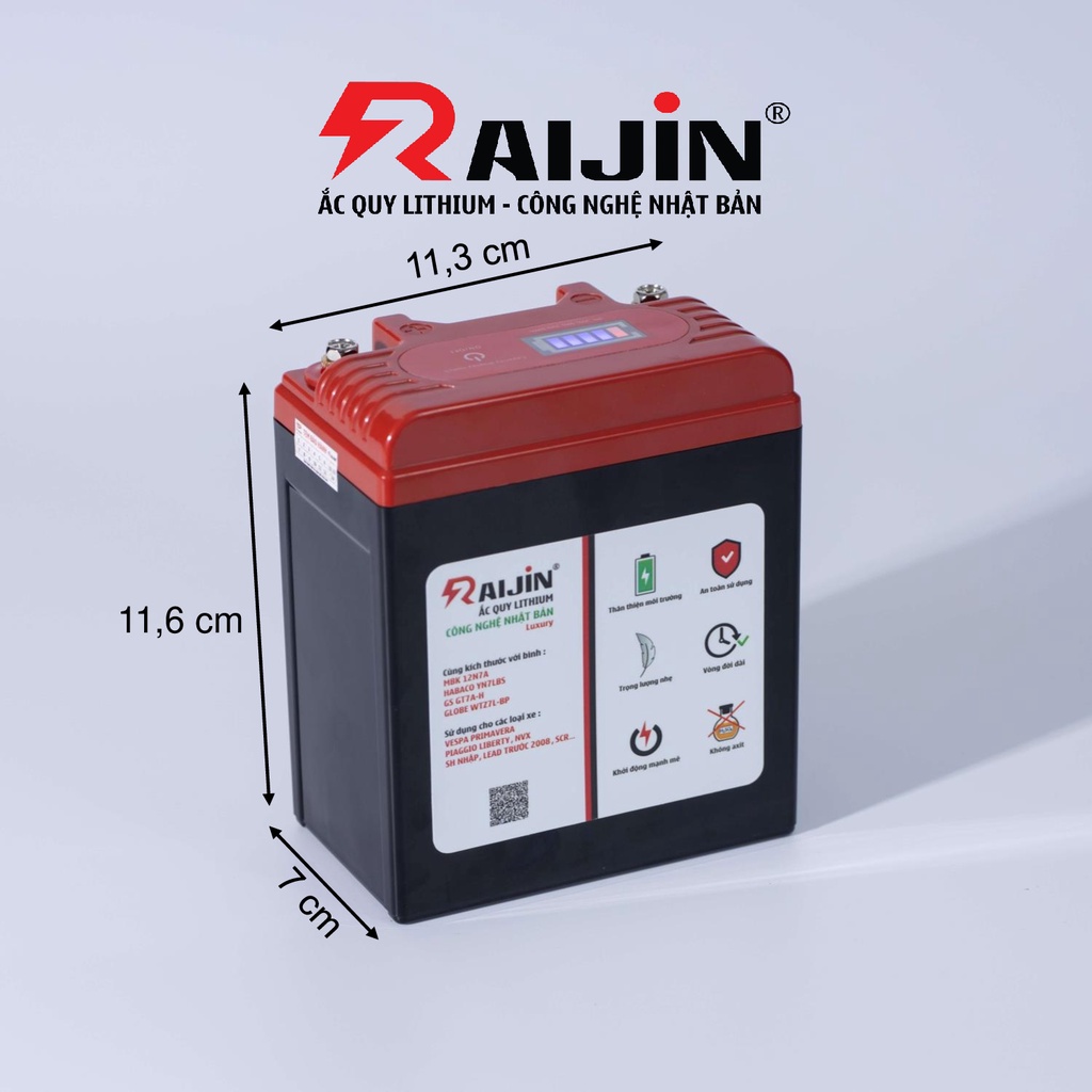 Bình ắc quy xe máy lithium RAIJIN Luxury L công nghệ Nhật Bản điện áp 12v-7ah, chuyên dùng cho xe độ đèn dưới 200 Watt