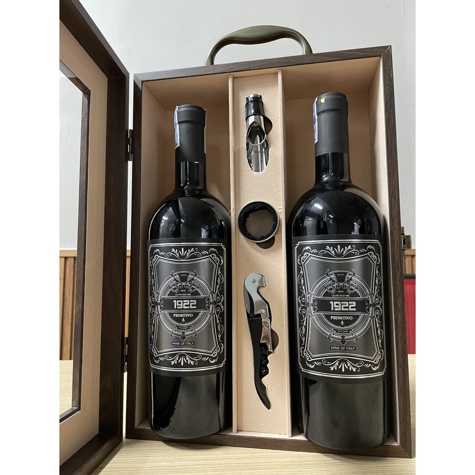 Set quà tặng rượu vang Ý 19.22 Primitivo - Hộp kính kèm phụ kiện