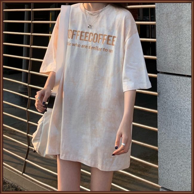 Áo Thun Tay Lỡ Cổ Tròn Thêu Chữ Màu Nhuộm Thời Trang Cho Nữ