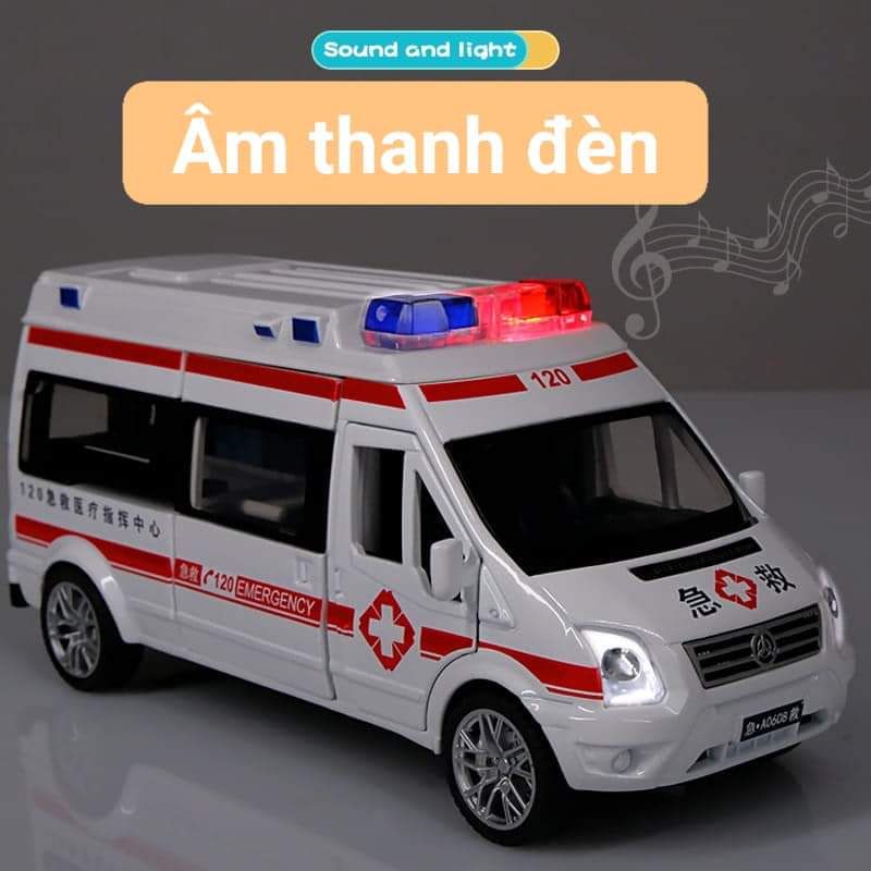 Mô hình xe cứu thương kim loại âm thanh đèn mở 5 cửa có cán cứu thương
