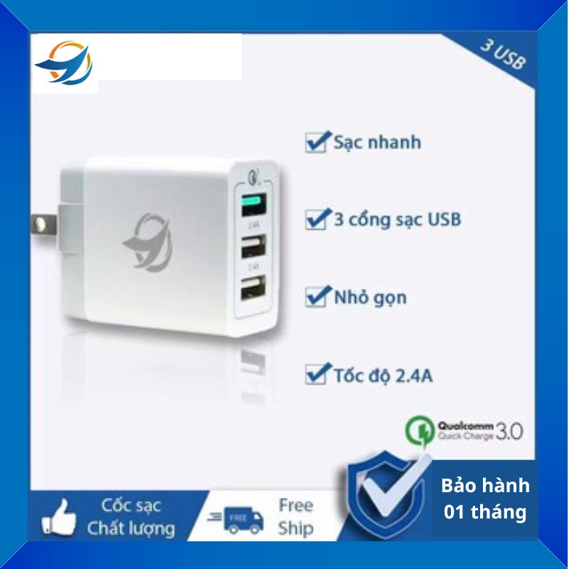 Củ sạc ,Cốc sạc Qualcomm 3.0 sạc nhanh 3 cổng USB đảm bảo an toàn các dòng iPhone,SamSung,OPPO,XiaoMi